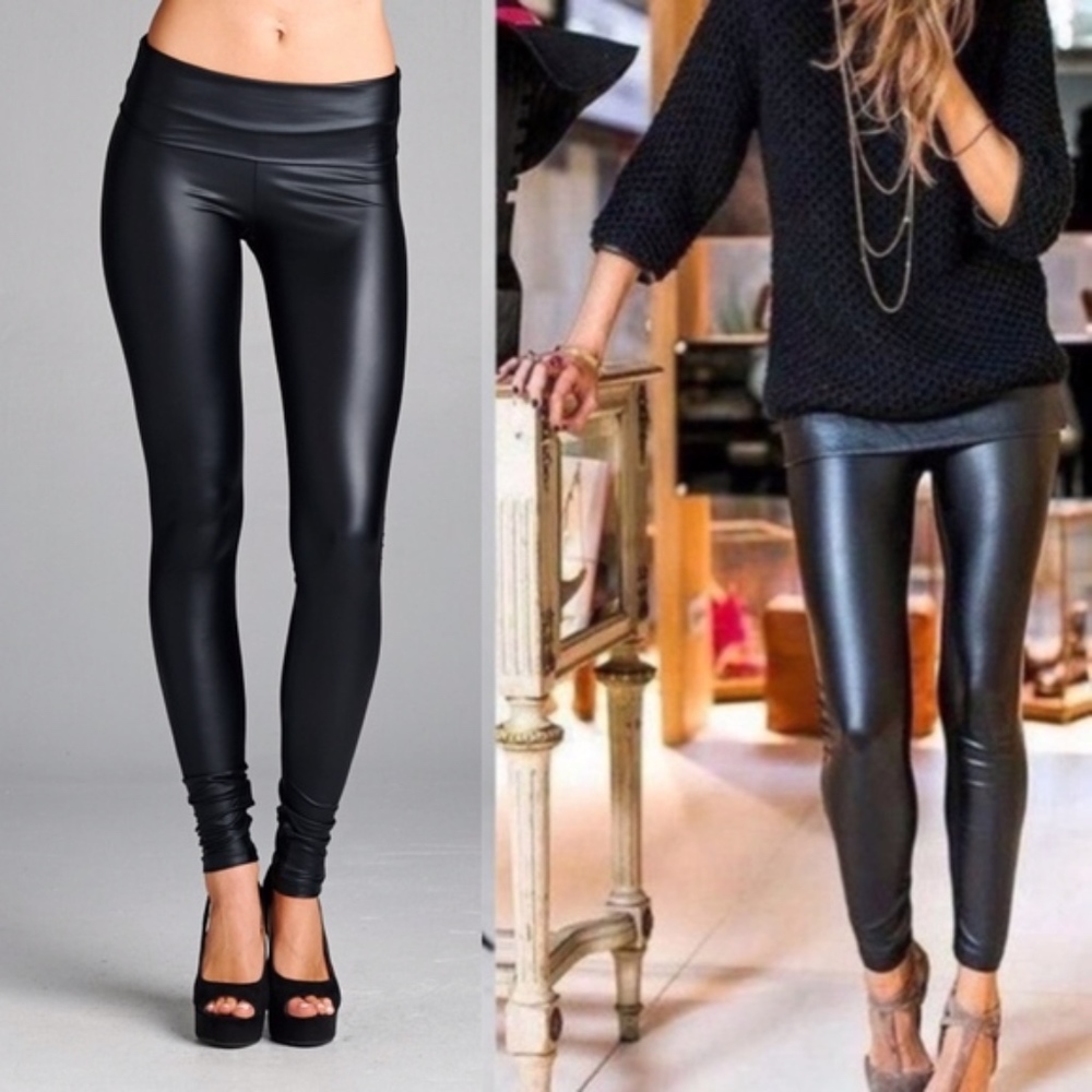 Black fitted matte vegan leather high waist Leggings - Picture 3 of 5